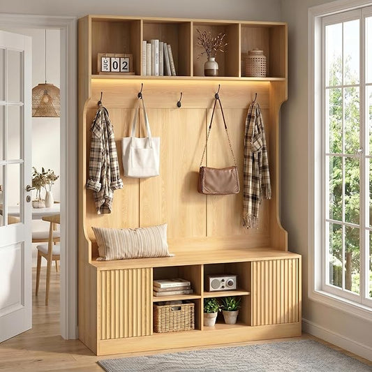 Hall Tree with Bench and Shoe Storage, 5-in-1 Entryway Coat Rack with LED Sensor Light, Hooks and Storage Cubes, Shoe Cabinet with Fluted Door, Modern Hall Tree for Entryway, Living Room
