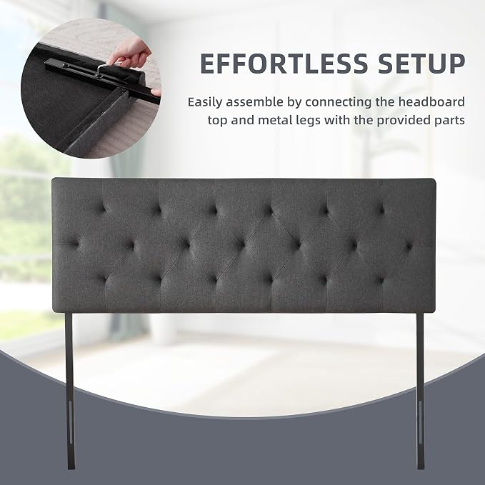 Linen Headboard King Size, Adjustable Height Headboard 37-51 in, Dark Gray | Diamond Tufting Solid Wood King Headboards, Durable Metal Legs, Upholstered King Head Board for Bed Frame, Modern Fabric