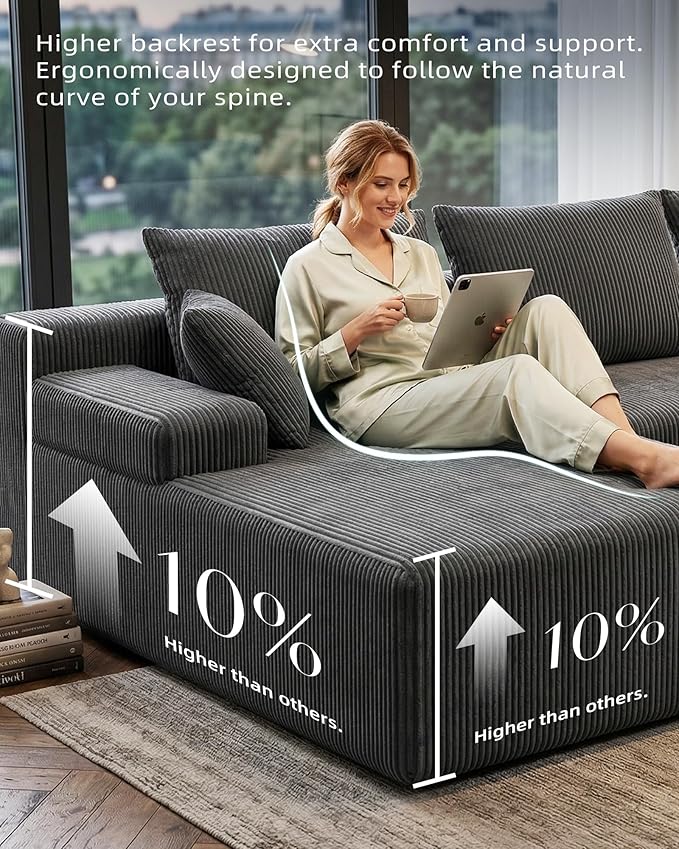 Lifelink 108" Boneless Couch L-Shaped - Modular Sectional Couches for Living Room Cloud Sofa with Deep Seat High Back Oversized Left Facing Chaise No Assembly Required