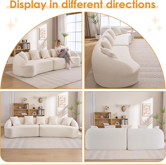 111" Boneless Sofa Couch 4 Seater, Modern Oversized Curved Couch, Luxury Wood Grain Chenille Fabric, Deep Seat Sectional Couches for Living Room (Cream White, 111")