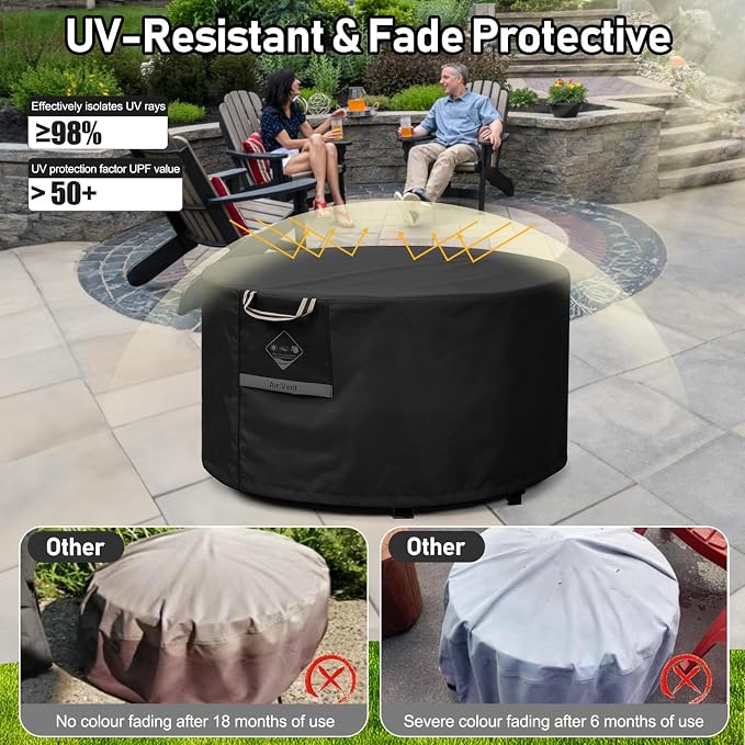 QH.HOME Fire Pit Cover Round Super Waterproof, 40 inch Outdoor Round Firepit Cover 600D Strong Tear Resistant, UPF 50+ Fire Pit Covers Premium Fading Resistant for Outdoor Fire Pit - Black