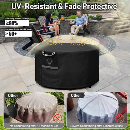QH.HOME Fire Pit Cover Round Super Waterproof, 40 inch Outdoor Round Firepit Cover 600D Strong Tear Resistant, UPF 50+ Fire Pit Covers Premium Fading Resistant for Outdoor Fire Pit - Black