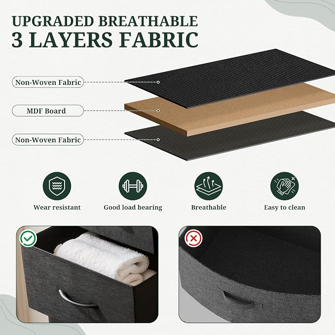 4 Drawers Dresser for Bedroom, Upgraded Fabric Storage Tower Organizer with Wooden Top and Steel Frame, Tall Chest of Drawers for Closet, Entryway, Dorm, Soft Black