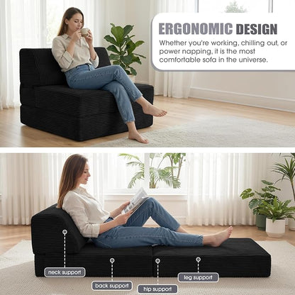 Kasunpul Folding Sofa Bed with Pillow, Memory Foam Fold Out Chair Bed, Convertible Sleeper Chair with Washable Cover, Futon Floor Couch for Living Room/Dorm/Guest Use/Home Office/Apartment, Black