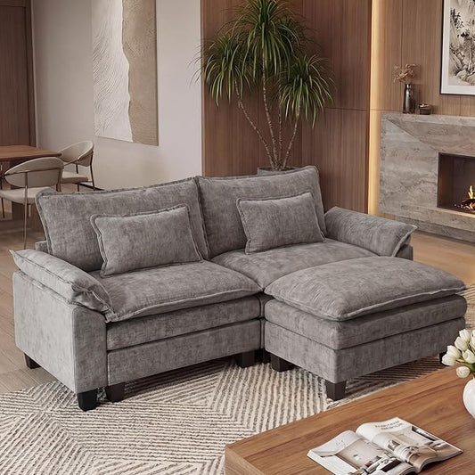 URRED Oversized Modular Sectional Sofa, 87" L Shaped Modern Comfy Cloud Couch with Movable Ottoman & Pillows, Deep Seat Couches for Living Room, Bedroom or Apartment (Chenille Gray, 87" L Shaped)