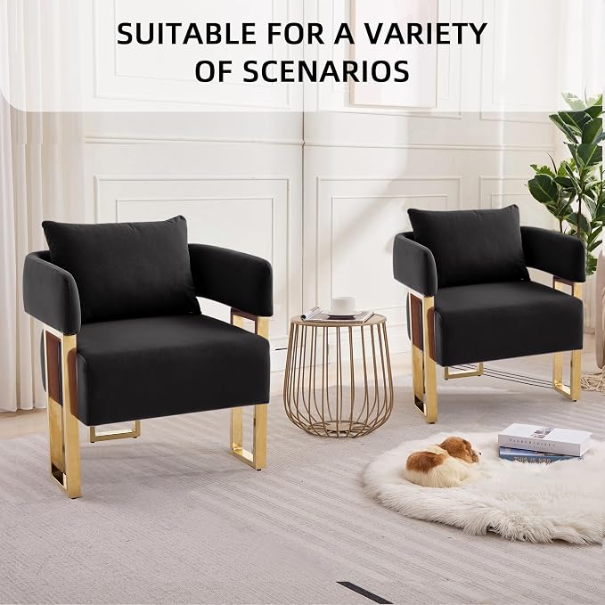 YISHENG Modern Barrel Accent Chairs Set of 2, Living Room Side Chairs with Golden Metal Legs Velvet Upholstered Reading Armchairs no Wheels for Vanity/Reception Room//Bedroom/Lounge/Office, Black