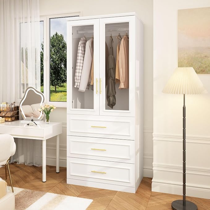 Timechee Almirah for Clothes, 74.8" Tall Bedroom Closet Storage Cabinet with Tempered Glass Doors and Shelves, Hanging Rod, White Standing Wardrobe Armoire Clothes Closet with Drawers for Bedroom