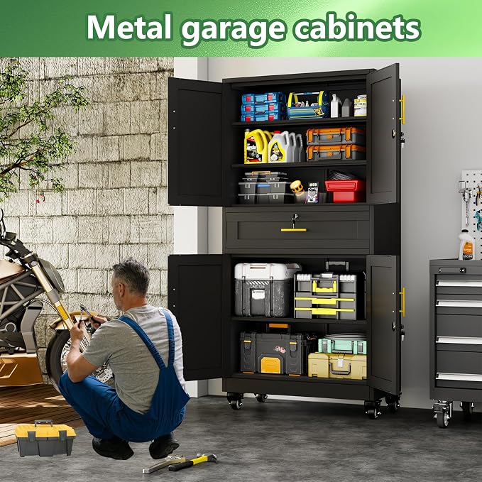 Lockable Metal Storage Cabinet, 71" Tall Black Cabinet with Wheels | Garage Storage Cabinet with Drawers, 3 Adjustable Shelves and Lock, Steel Construction – Suitable for Office, Home, School