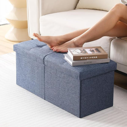 Storage Ottoman Bench Foldable Seat Footrest Shoe Bench End of Bed Storage with Flipping Lid, 75L Storage Space, 30 inches Linen Fabric Navy