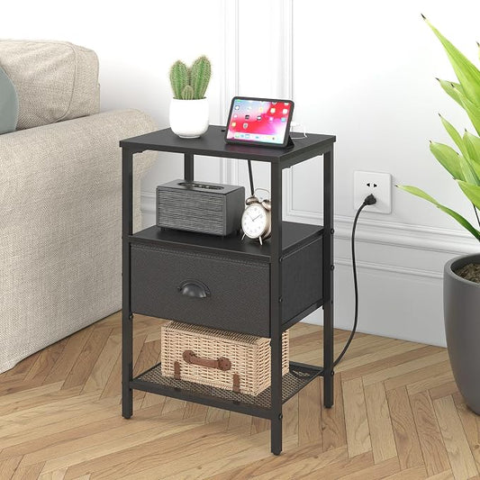 sthmec Nightstands Set of 2, Black Night Stands with Charging Station, Bedside Tables with Drawers PU Finish, 2-Tier Side Table with Open Shelf, Nightstands with Drawer,Black