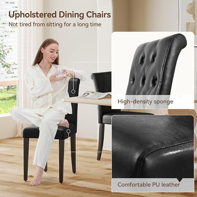Welzona Upholstered Dining Chairs Set of 6, Button Tufted Parsons Dining Chair with Solid Wood Legs, Modern PU Leather Side Chair for Dining Room/Kitchen/Restaurant/Hotel- Black