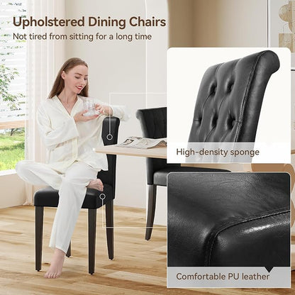 Welzona Upholstered Dining Chairs Set of 6, Button Tufted Parsons Dining Chair with Solid Wood Legs, Modern PU Leather Side Chair for Dining Room/Kitchen/Restaurant/Hotel- Black