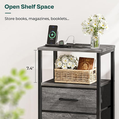 Huuger Nightstand with Charging Station, Fabric Drawers, End Table with Open Shelf, Bedside Table with USB Ports and Outlets, Night Stand for Bedroom, Gray