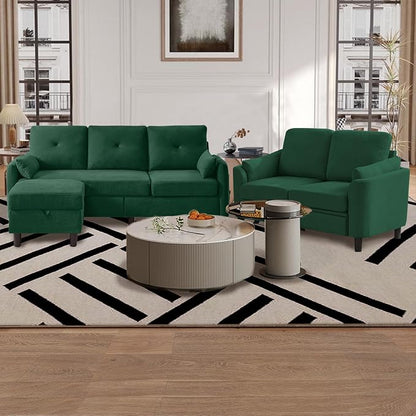 Convertible Sectional Sofa Set, 77" Small L Shaped 3 Seat Couch with Ottoman and 57" Loveseat, Modern Sofa Couches for Living Room, Green