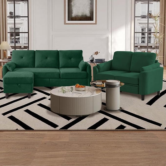 Convertible Sectional Sofa Set, 77" Small L Shaped 3 Seat Couch with Ottoman and 57" Loveseat, Modern Sofa Couches for Living Room, Green