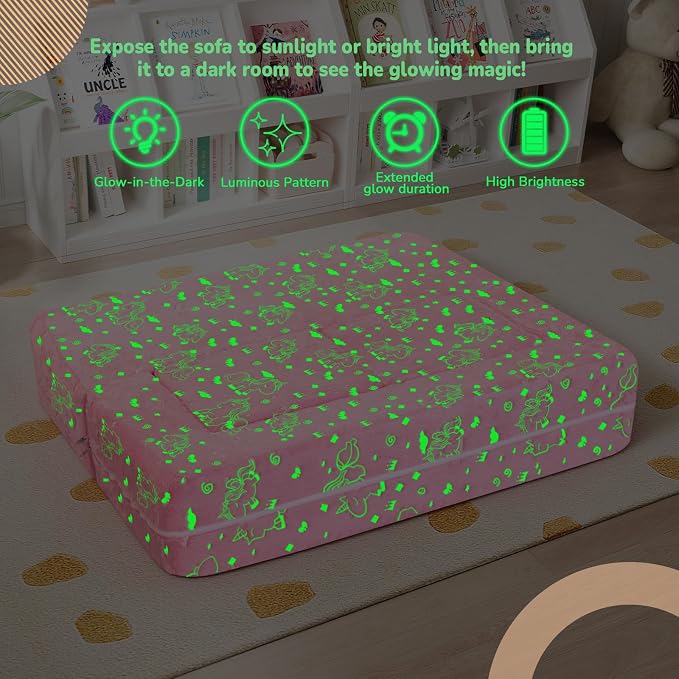MeMoreCool Glow-in-The-Dark Unicorn Kids Modular Couch Sofa – Convertible 2-in-1 Plush Foam Toddler Chair for Children’s Bedroom