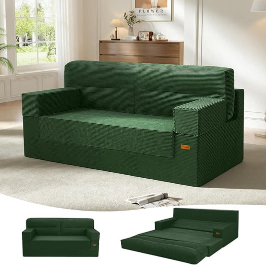 MeMoreCool Queen Sofa Bed, 4-in-1 Pull Out Couch Bed with Wedge Pillow, Boneless Futon Sleeper Loveseat, No Assembly Folding Sofa for Living Room Guest Room, Green Corduroy