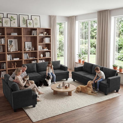 Apicizon Set of 3 Couch Set Loveseat & 3-Seater Sofa, 3 Piece Set Comfy Couch for Living Room, Modern Lounge Sofa Couch for Apartment Lounge, Dark Grey Chenille