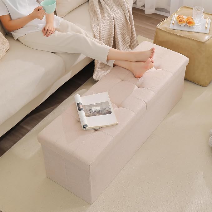 45.3 Inches Storage Ottoman Bench Foldable Seat Footrest Shoe Bench End of Bed Storage with Flipping Lid, 166L Storage Space, Linen Fabric Brown