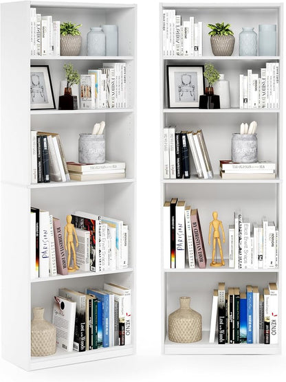 Furinno Jaya Book Shelf Set of 2, 5-Tier Bookshelf, Bookcase, with Adjustable Shelf, 9.5 x 24.5 x 71, for Home Office, Living Room, White