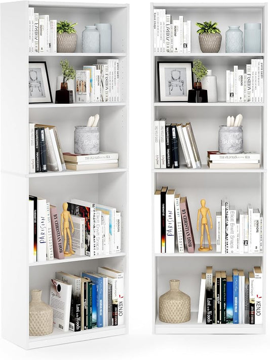Furinno Jaya Book Shelf Set of 2, 5-Tier Bookshelf, Bookcase, with Adjustable Shelf, 9.5 x 24.5 x 71, for Home Office, Living Room, White