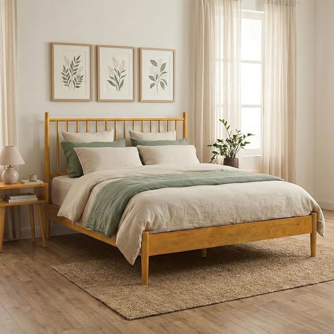 NTC Inno Wooden Bed Frame with Headboard, Solid Oak and Rubber Wood Foundation with Silent Slats and Wood Central Supports, 1000 Lb Capacity, Effortless Assembly, King - Rustic Oak