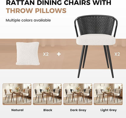 Rattan Dining Chairs Set of 2, Upholstered Kitchen Chair with Metal Legs, Ergonomic Curved Backrest, Mid Century Modern Living Room Chairs with Throw Pillow, Black