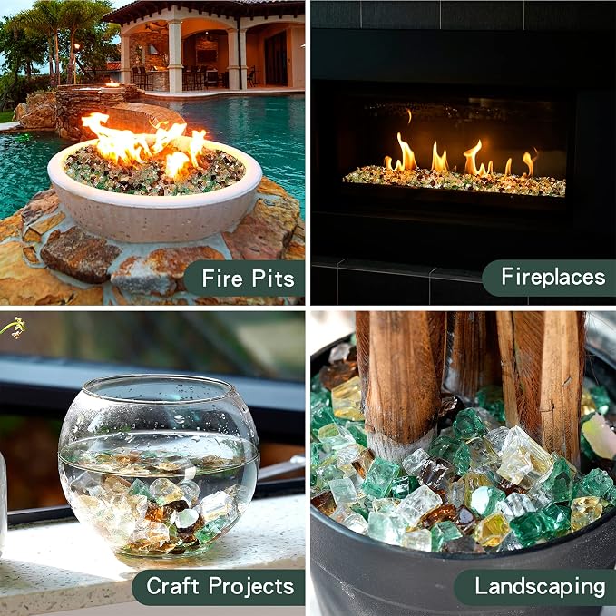 Mr. Fireglass 10 Pounds Blended Fire Glass - 1/2 Inch Mixed Colored High Luster Reflective Tempered Glass Rocks for Fireplace Fire Pit Table Fireplace and Landscaping, Copper+Gold+Light Green