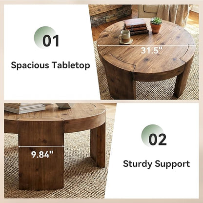 Solid Wood Round Coffee Table, 31.5-Inch Farmhouse Circle Center Cocktail Tea Table for Living Room, Wood Home Living Room Furniture, Easy Assembly, Rustic Brown