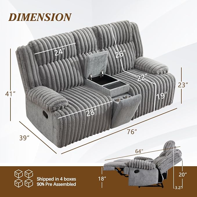 Oversized Reclining Sofa Set with Hidden Cup Holders & Wireless Charger, Manual Double Recliner Sofa, Wall Hugger Recliner Couch with USB Ports for Living Room (Gray, Loveseat+Sofa)