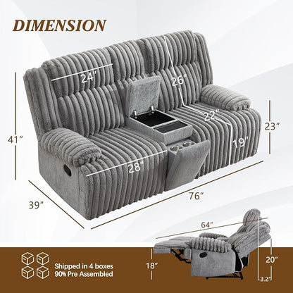 Oversized Reclining Sofa Set with Hidden Cup Holders & Wireless Charger, Manual Double Recliner Sofa, Wall Hugger Recliner Couch with USB Ports for Living Room (Gray, Loveseat+Sofa)