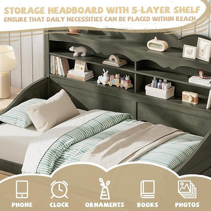 Merax Twin Daybed with Storage Drawers, Wood Twin Day Bed with 3-Tier Storage Headboard Shelves, Retro Style Twin-Size Daybed for Bedroom Guest Room, No Box Spring Needed, Easy Assembly, Grey