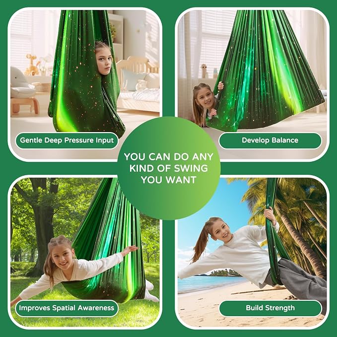 Sensory Swing for Kids and Adults Indoor & Outdoor Double Layer Therapy Cuddle Holds up to 300lbs Adjustable Hammock Chair with 360° Swivel Hanger Kit Effect for Aspergers Autism ADHD(Green)