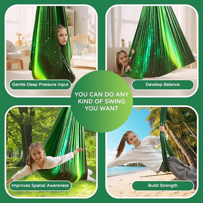 Sensory Swing for Kids and Adults Indoor & Outdoor Double Layer Therapy Cuddle Holds up to 300lbs Adjustable Hammock Chair with 360° Swivel Hanger Kit Effect for Aspergers Autism ADHD(Green)