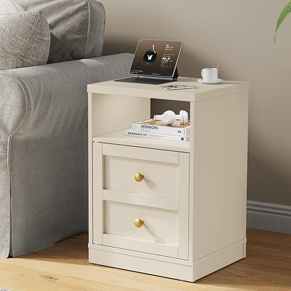 RoyalCraft Beige Nightstand with Storage Shelf and Door, Faux Two-Drawer Design Side Table, Modern Night Stand for Bedroom Dorm, Wood End Table for Small Spaces