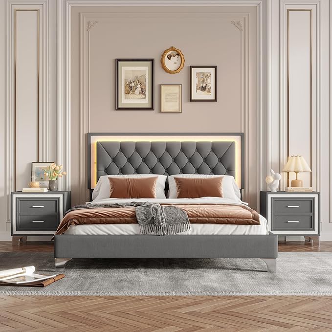 Harper & Bright Designs 3 Pieces Bedroom Sets, Mid Century Modern Queen Size Upholstered Platform Bed Frame with Headboard, 2 Nightstands and LED Lights, Bedroom Furniture Sets (Gray)