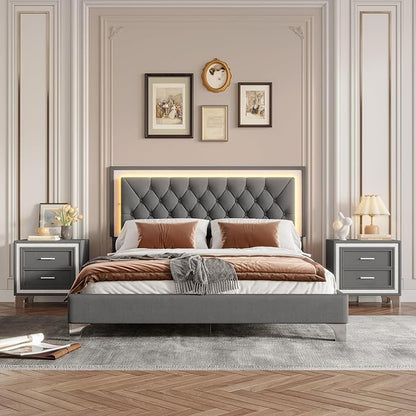 Harper & Bright Designs 3 Pieces Bedroom Sets, Mid Century Modern Queen Size Upholstered Platform Bed Frame with Headboard, 2 Nightstands and LED Lights, Bedroom Furniture Sets (Gray)