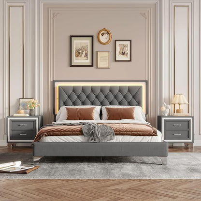 Flieks Bedroom Sets, 3-Pieces Bedroom Sets, Queen Size Upholstered Platform Bed with LED Lights and 2 Nightstands, Gray