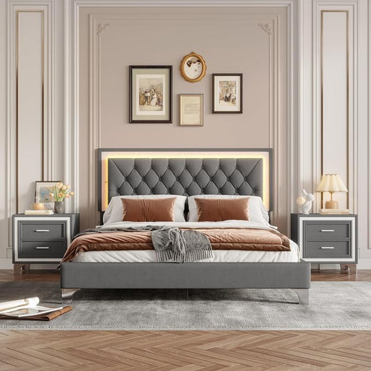 Flieks Bedroom Sets, 3-Pieces Bedroom Sets, Queen Size Upholstered Platform Bed with LED Lights and 2 Nightstands, Gray