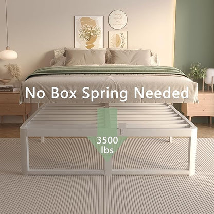 VYM 14 Inch Bed Frame Full Size with Metal Gaskets, Heavy Duty Steel Support 3500 LBS, No Box Spring Needed, DIY Headboard, Anti-Slip Mattress Stopper, Round Corner Leg, Easy Assembly, White