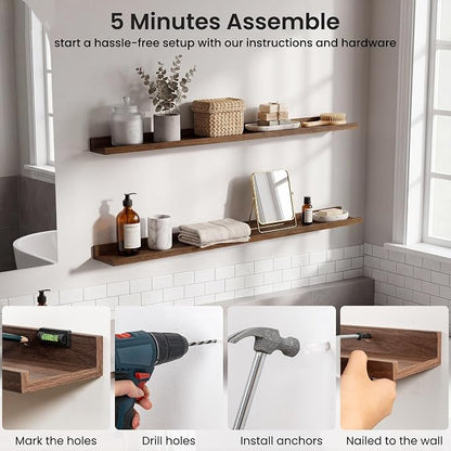 Axeman Picture Ledge Shelf | 40 Inch Floating Shelves Set of 4 | Walnut Wall Shelves with Lip | Walnut Picture Shelf for Wall with Ledge | Wood Photo Ledges for Living Room Bedroom