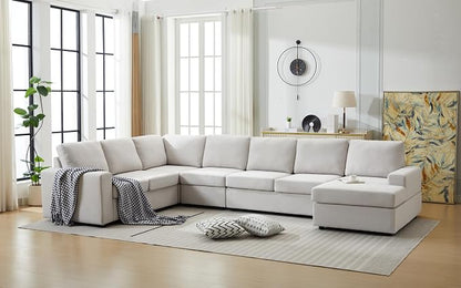 Ball & Cast 147" L-Shaped Sectional Couch for Living Room with Reversible Chaise & Removable Back Cushions,7 Seat Linen Upholstered Convertible Sectional Sofa Set,DIY Combination,for Home,Office,Beige