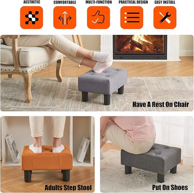 BRIAN & DANY Small Foot Stool, Velvet Foot Stools with Legs, Stable Small Footstool for Living Room, Grey
