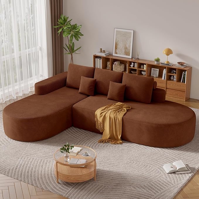112" Modern Curved Cloud Couch, Corduroy Boneless Couches for Living Room with Deep Seat, Memory Foam Compressed Modular Sectional Sofa, No Assembly Required,Brown 1 PCS