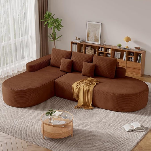 112" Modern Curved Cloud Couch, Corduroy Boneless Couches for Living Room with Deep Seat, Memory Foam Compressed Modular Sectional Sofa, No Assembly Required,Brown 1 PCS