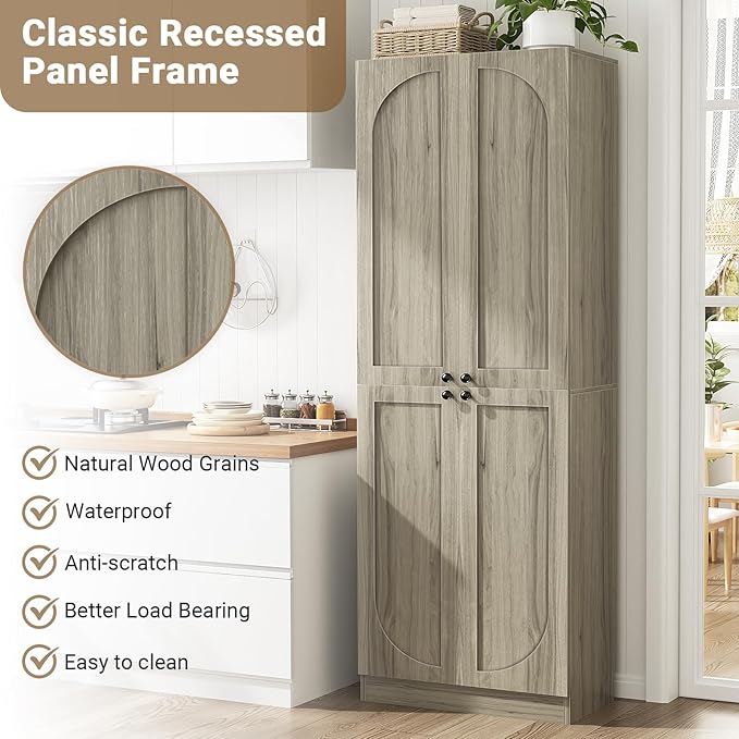 Cyclysio 80" Kitchen Pantry, Extra Tall Arch Storage Cabinet with 4 Soft Close Doors and Adjustable Shelves, Freestanding Wood Cupboard with Seamless Fit Wall for Dining Living Room Bathroom Furniture