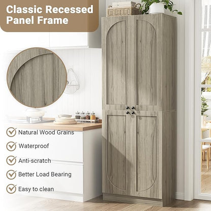 Cyclysio 80" Kitchen Pantry, Extra Tall Arch Storage Cabinet with 4 Soft Close Doors and Adjustable Shelves, Freestanding Wood Cupboard with Seamless Fit Wall for Dining Living Room Bathroom Furniture