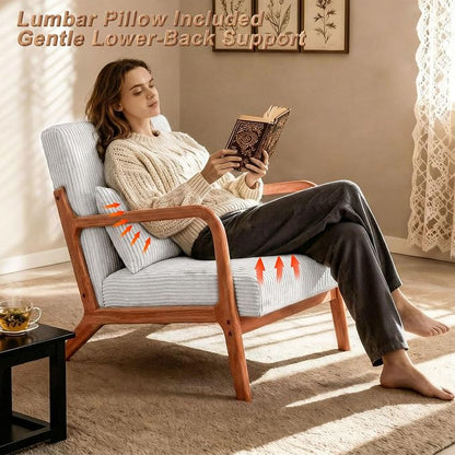 Set of 2 Mid Century Modern Accent Chair with Solid Rubberwood Frame, Comfy Corduroy Reading Armchair with Lumbar Pillow, Compact Lounge Chair for Bedroom, Living Room & Small Spaces