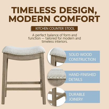 ROME + OAK Parker 26 Inch Counter Stool, Backless Saddle Kitchen Barstool in Reclaimed Oak Finish with Ash Grey Fabric Upholstery Cushion Seat