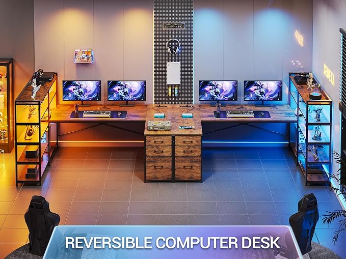 SEDETA L Shaped Desk with Storage Shelves, 64.5" Reversible U Shaped Office Desk with 3 Fabric Drawers, Gaming Desk with Power Outlet & LED Strip for Home Office, Rustic Brown